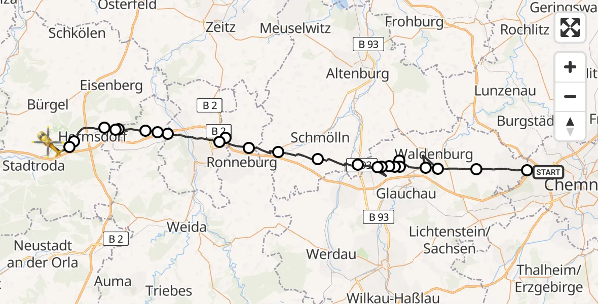 Flugroute Rettungshubschrauber Chemnitz - Ruttersdorf-Lotschen, 02 Juli 2026, 19:33