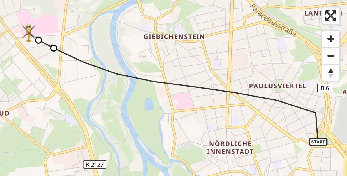 Flugroute Rettungshubschrauber Halle (Saale) - Halle (Saale) University Hospital, 02 Juli 2026, 19:36