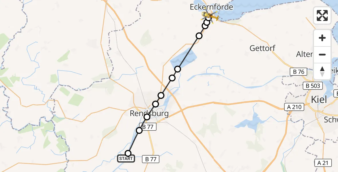 Flugroute Ambulanzhubschrauber Hörsten - Eckernförde, 02 Juli 2026, 19:49