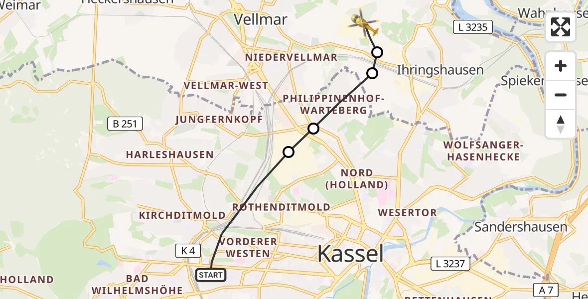 Flugroute Rettungshubschrauber Kassel - Fuldatal Bundespolizei Hubschrauberlandeplatz, 02 Juli 2026, 19:59