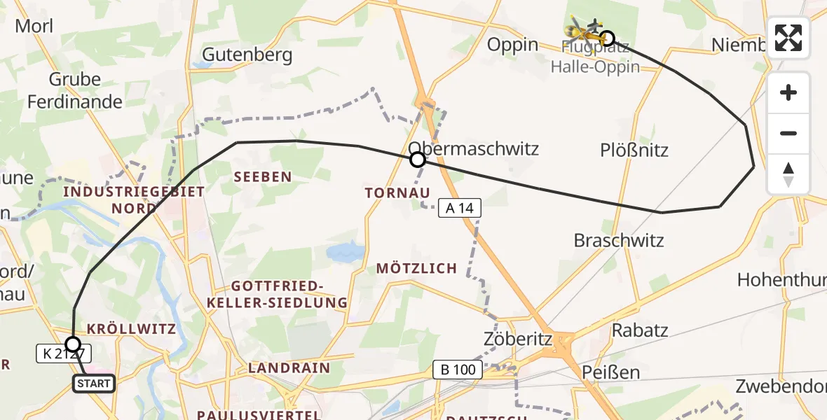 Flugroute Rettungshubschrauber Halle (Saale) University Hospital - Halle-Oppin Flugplatz, 02 Juli 2026, 20:32
