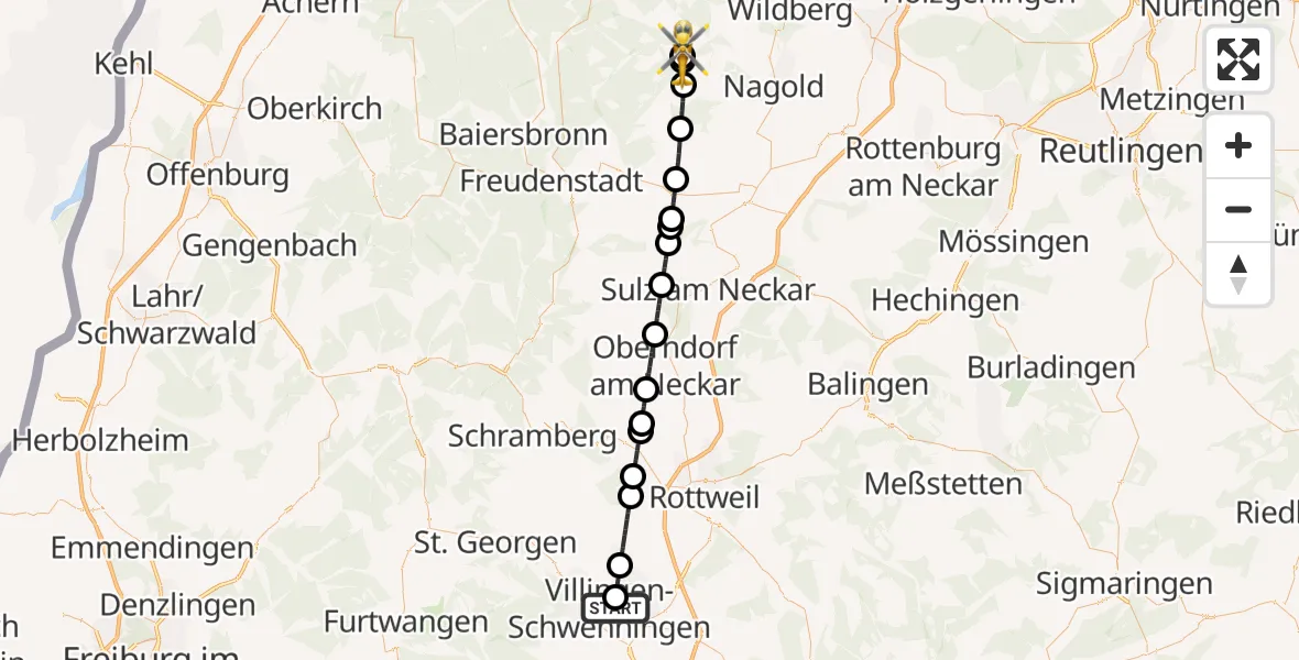 Flugroute Ambulanzhubschrauber DRF Air Rescue Station Villingen-Schwenningen Hubschrauberlandeplatz (Christoph 11) - Altensteig, 02 Juli 2026, 20:44