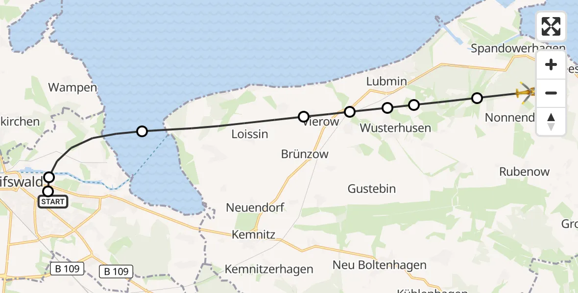 Flugroute Rettungshubschrauber Greifswald Hospital - Rubenow, 02 Juli 2026, 21:04