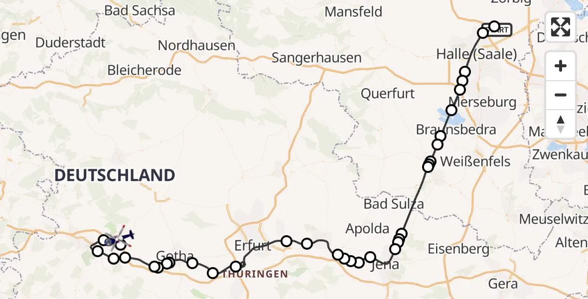 Flugroute Polizeihubschrauber Halle-Oppin Flugplatz - Eisenach-Kindel Flughafen, 02 Juli 2026, 21:20