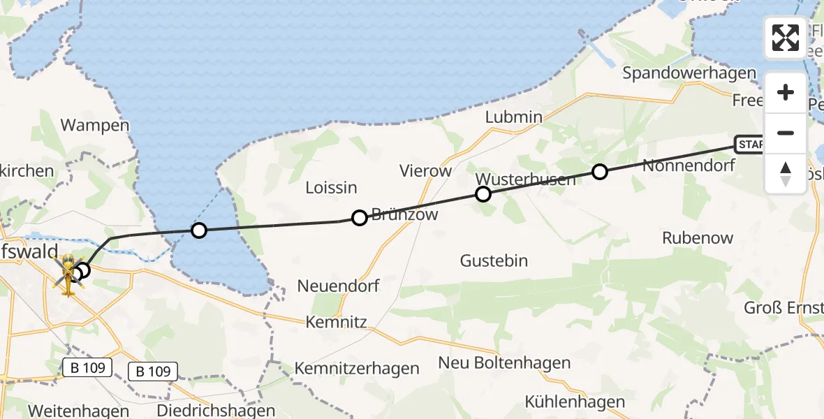 Flugroute Rettungshubschrauber Rubenow - Greifswald Hospital, 02 Juli 2026, 21:42