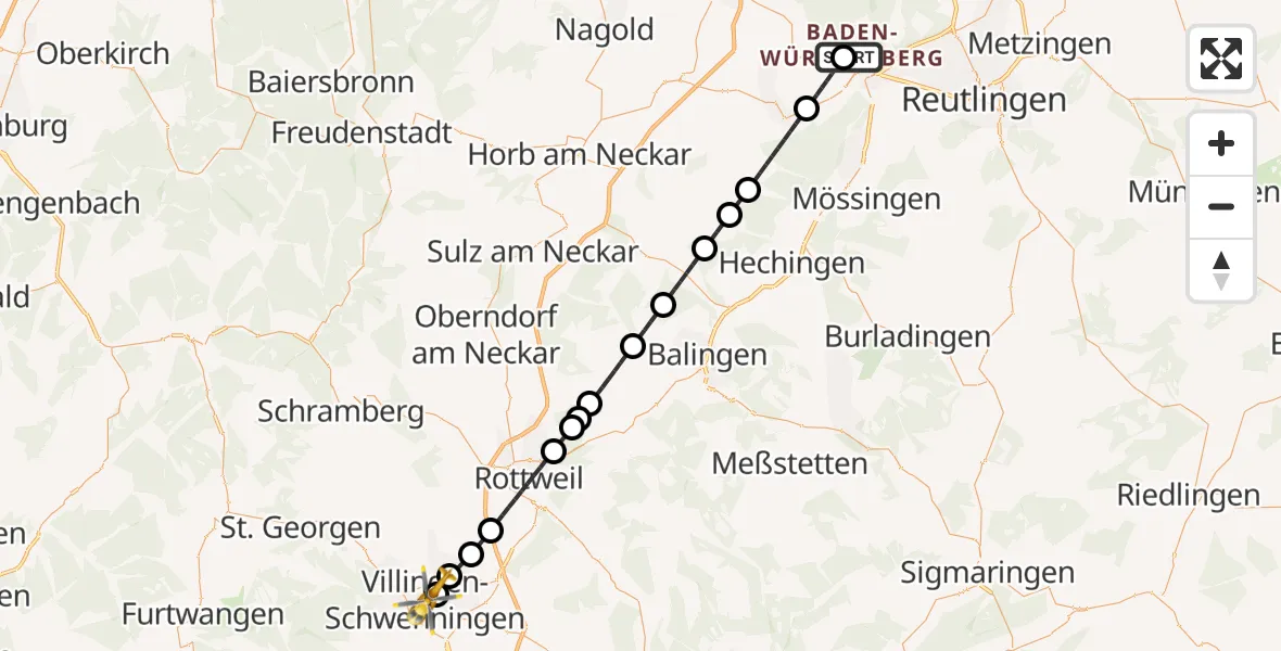 Flugroute Ambulanzhubschrauber Tübingen University Hospital - DRF Air Rescue Station Villingen-Schwenningen Hubschrauberlandeplatz (Christoph 11), 02 Juli 2026, 22:04