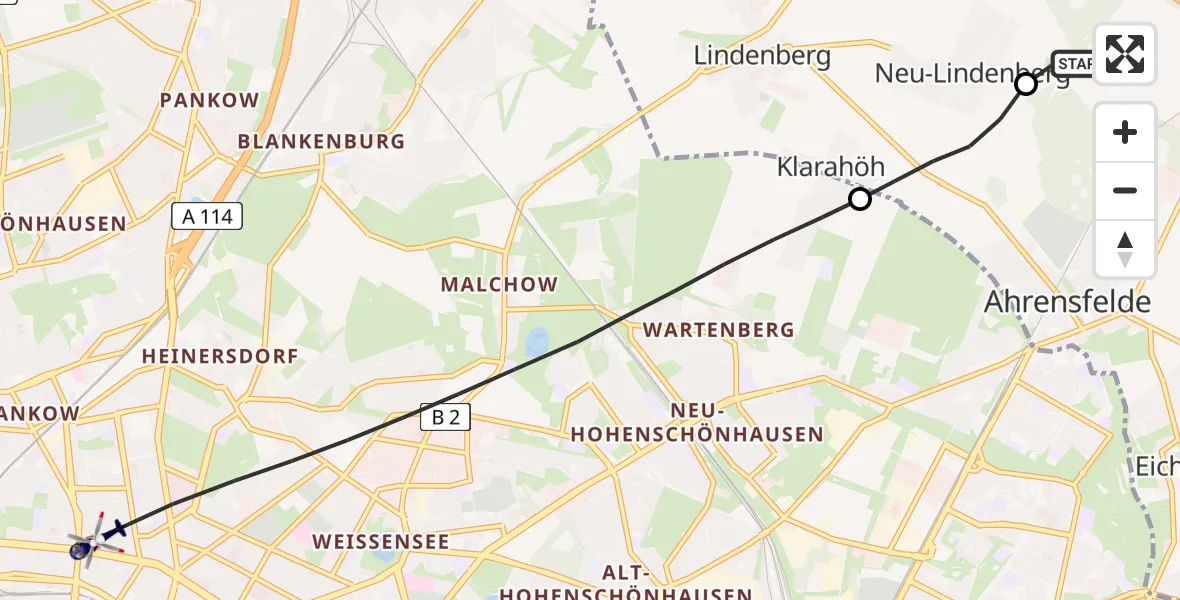 Flugroute Polizeihubschrauber Ahrensfelde Hubschrauberlandeplatz - Berlin, 02 Juli 2026, 22:15
