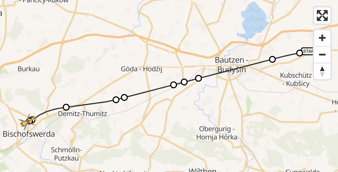Flugroute Rettungshubschrauber Bautzen Flugplatz - Bautzen-Bischofswerda Hospital, 02 Juli 2026, 22:19