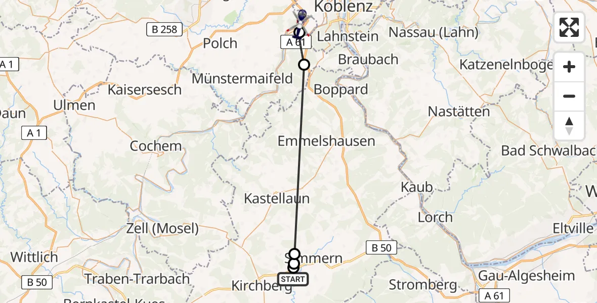 Flugroute Polizeihubschrauber Schönborn - Winningen, 02 Juli 2026, 22:27