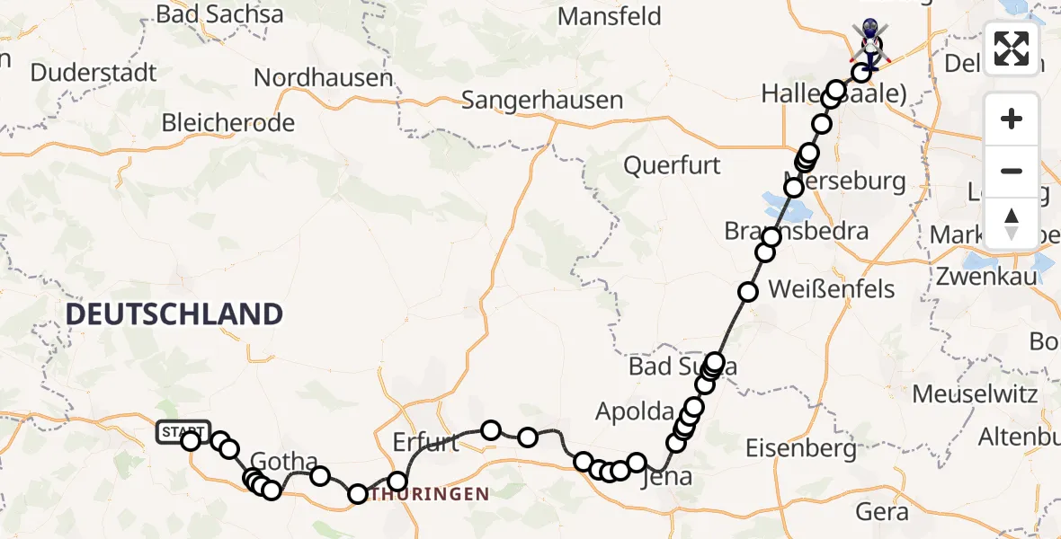 Flugroute Polizeihubschrauber Eisenach-Kindel Flughafen - Halle-Oppin Flugplatz, 02 Juli 2026, 23:02