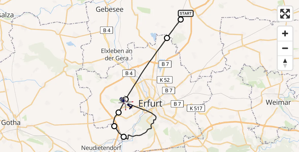 Flugroute Polizeihubschrauber Schloßvippach - Erfurt-Weimar Flughafen, 02 Juli 2026, 23:04