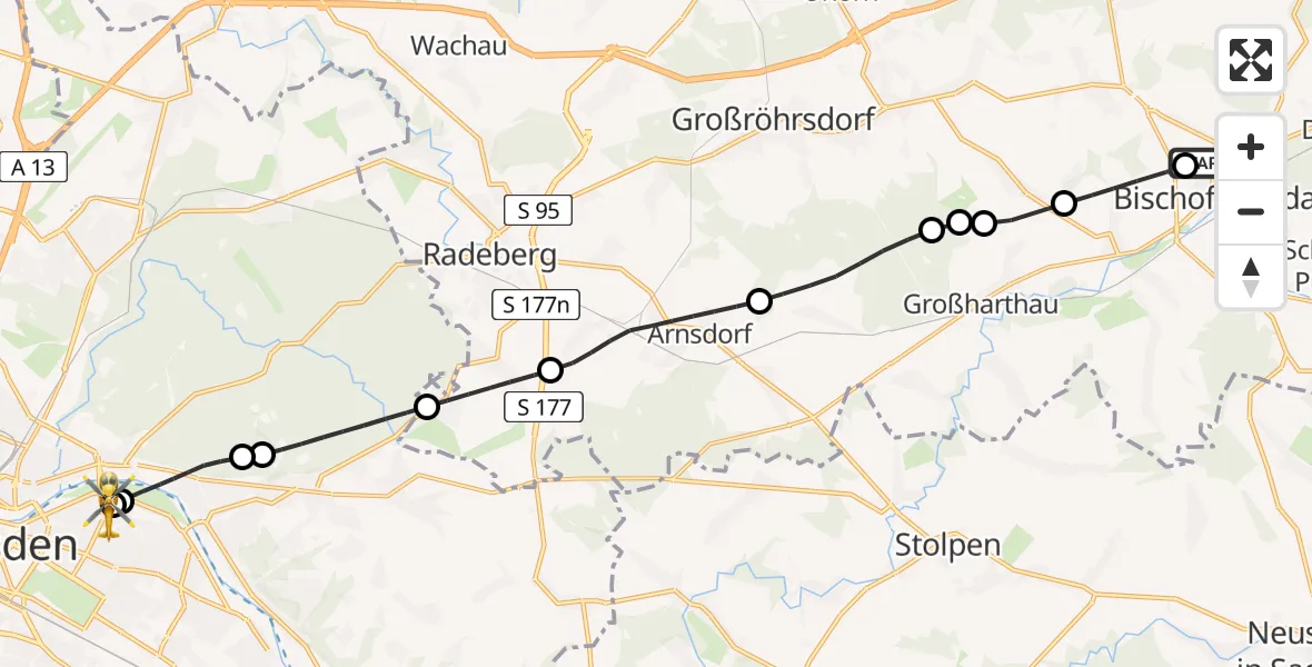 Flugroute Rettungshubschrauber Bautzen-Bischofswerda Hospital - Dresden University Hospital, 02 Juli 2026, 23:07