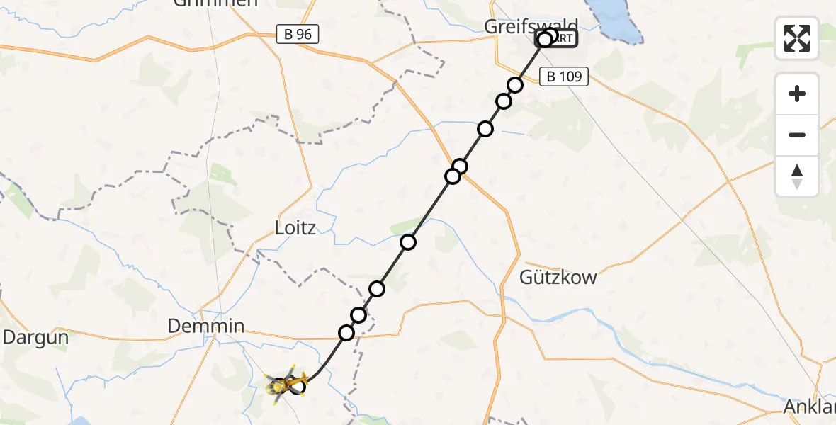 Flugroute Rettungshubschrauber Greifswald Hospital - Siedenbrünzow, 02 Juli 2026, 23:31