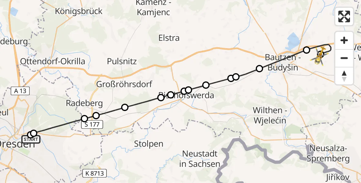 Flugroute Rettungshubschrauber Dresden University Hospital - Bautzen Flugplatz, 02 Juli 2026, 23:45