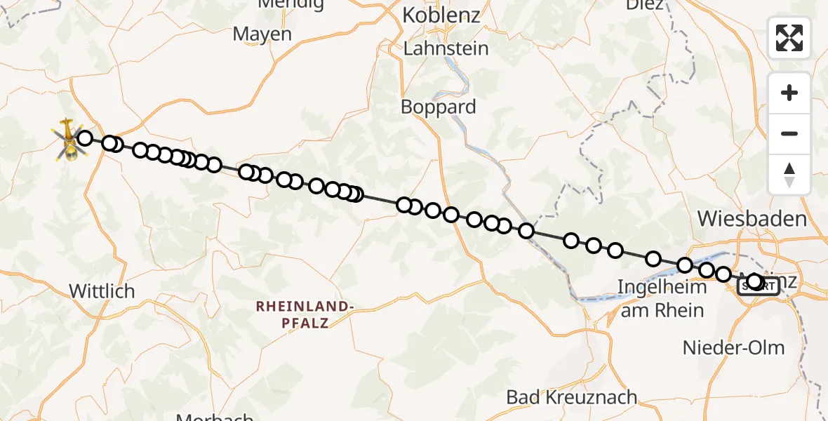 Flugroute Rettungshubschrauber Mainz University Hospital - Daun, 03 Juli 2026, 01:51