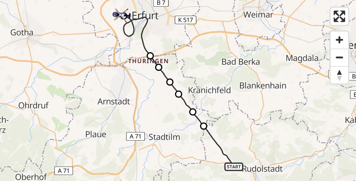 Flugroute Polizeihubschrauber Rudolstadt - Erfurt-Weimar Flughafen, 03 Juli 2026, 02:25