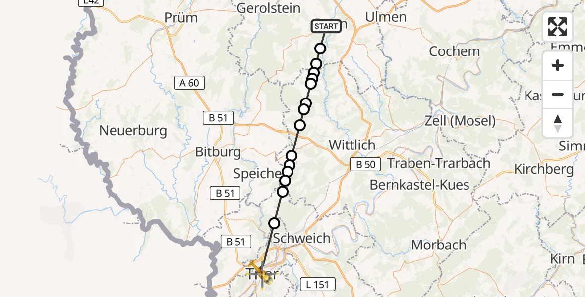Flugroute Rettungshubschrauber Daun - Trier, 03 Juli 2026, 03:27