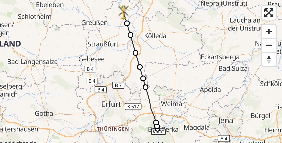 Flugroute Ambulanzhubschrauber Bad Berka - Kindelbrück, 03 Juli 2026, 03:34