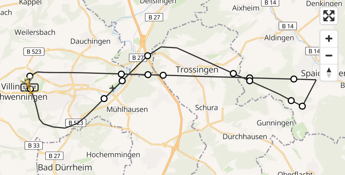 Flugroute Ambulanzhubschrauber DRF Air Rescue Station Villingen-Schwenningen Hubschrauberlandeplatz (Christoph 11) - DRF Air Rescue Station Villingen-Schwenningen Hubschrauberlandeplatz (Christoph 11), 03 Juli 2026, 03:58