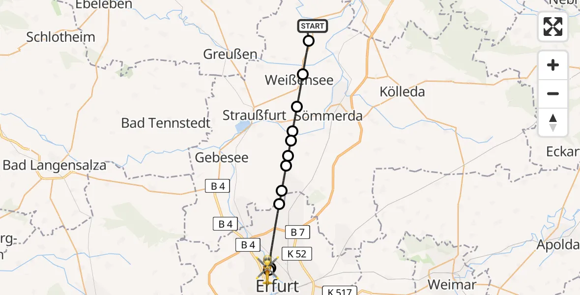Flugroute Ambulanzhubschrauber Kindelbrück - Helios Clinic Erfurt, 03 Juli 2026, 04:08