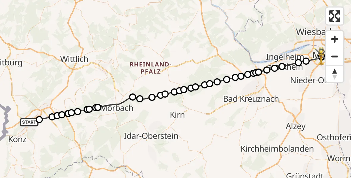 Flugroute Rettungshubschrauber Trier - Mainz University Hospital, 03 Juli 2026, 04:23