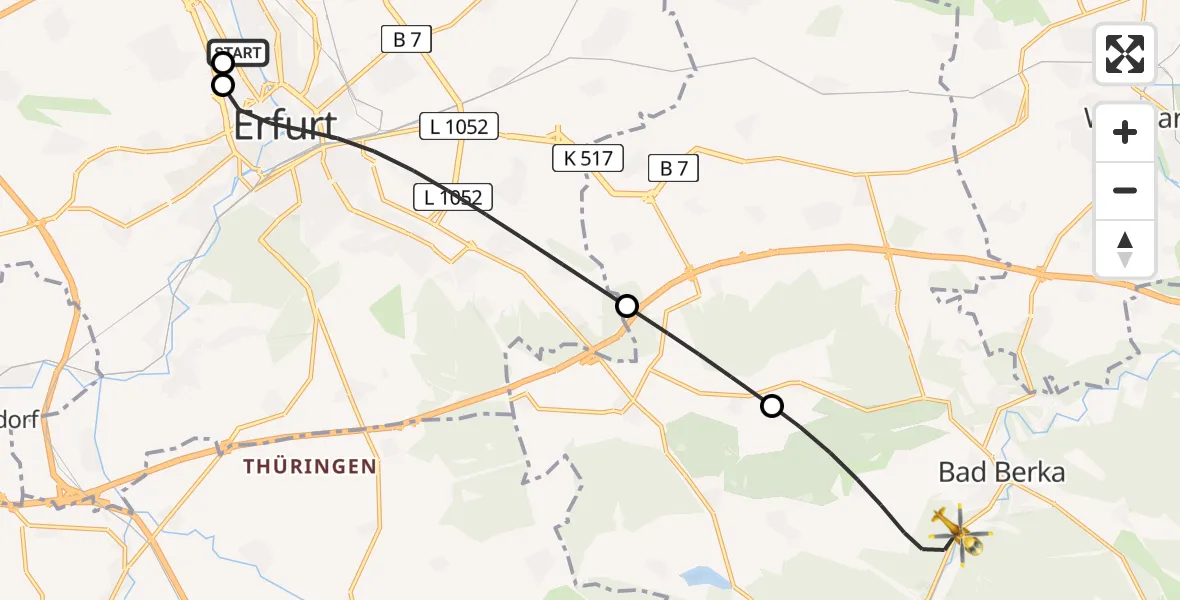 Flugroute Ambulanzhubschrauber Helios Clinic Erfurt - Bad Berka Zentralklinik Hubschrauberlandeplatz, 03 Juli 2026, 04:45