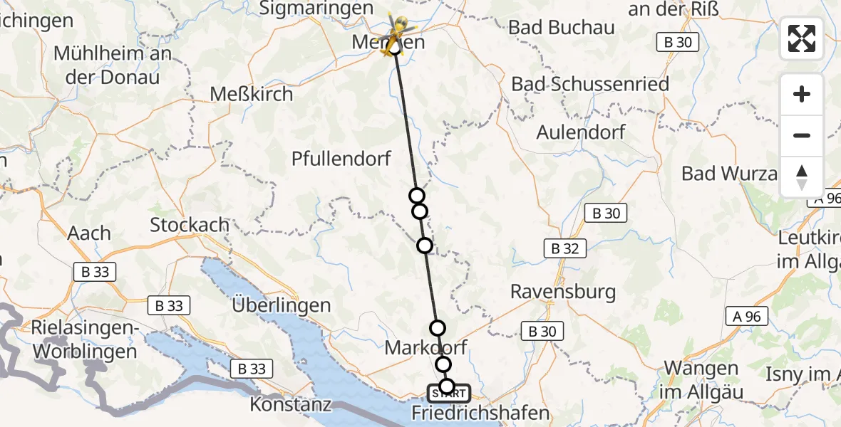 Flugroute Rettungshubschrauber Friedrichshafen Hospital - Mengen, 03 Juli 2026, 05:03
