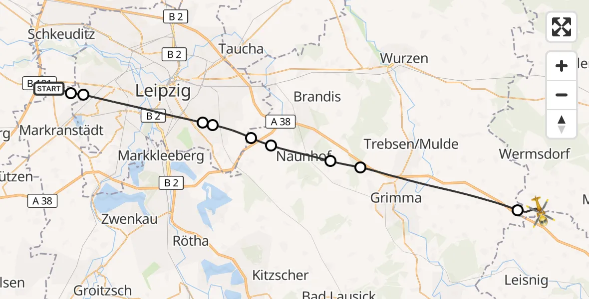 Flugroute Rettungshubschrauber Schkeuditz - Mügeln, 03 Juli 2026, 05:14