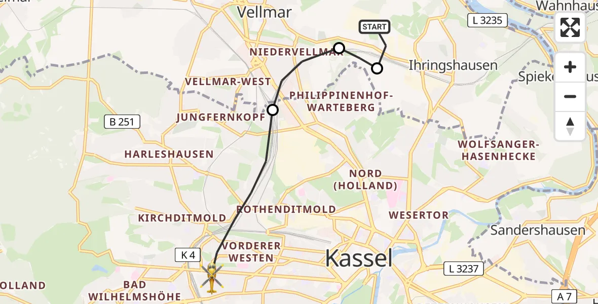 Flugroute Rettungshubschrauber Fuldatal Bundespolizei Hubschrauberlandeplatz - Kassel, 03 Juli 2026, 05:30