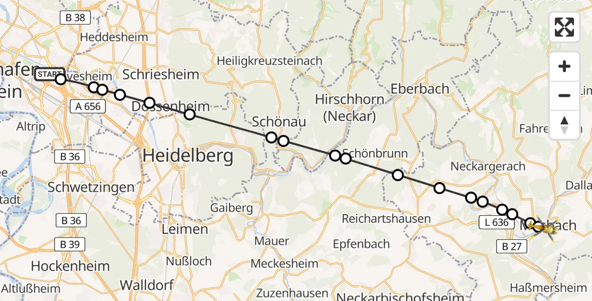 Flugroute Rettungshubschrauber Mannheim-City Flughafen - Mosbach, 03 Juli 2026, 05:32
