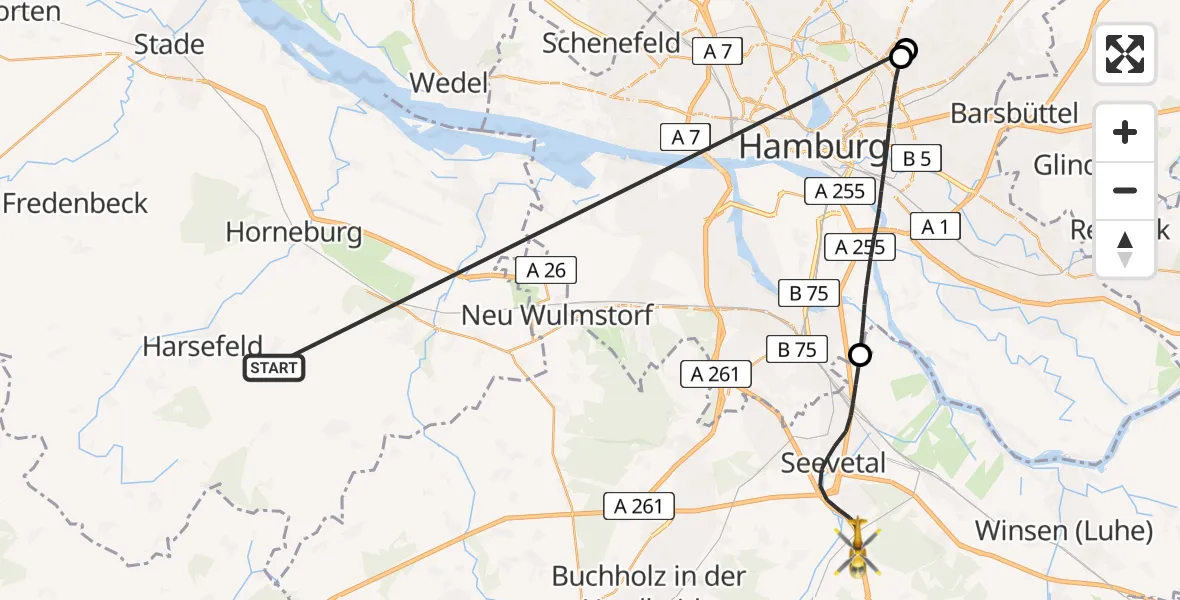 Flugroute Rettungshubschrauber Harsefeld - Seevetal, 03 Juli 2026, 05:37