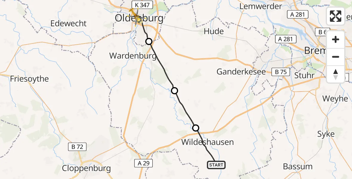 Flugroute Rettungshubschrauber Wildeshausen - Oldenburg (Oldb), 03 Juli 2026, 05:50