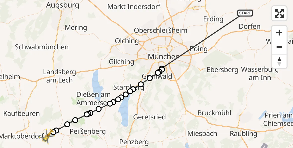 Flugroute Rettungshubschrauber Taufkirchen (Vils) - Burggen, 03 Juli 2026, 05:52