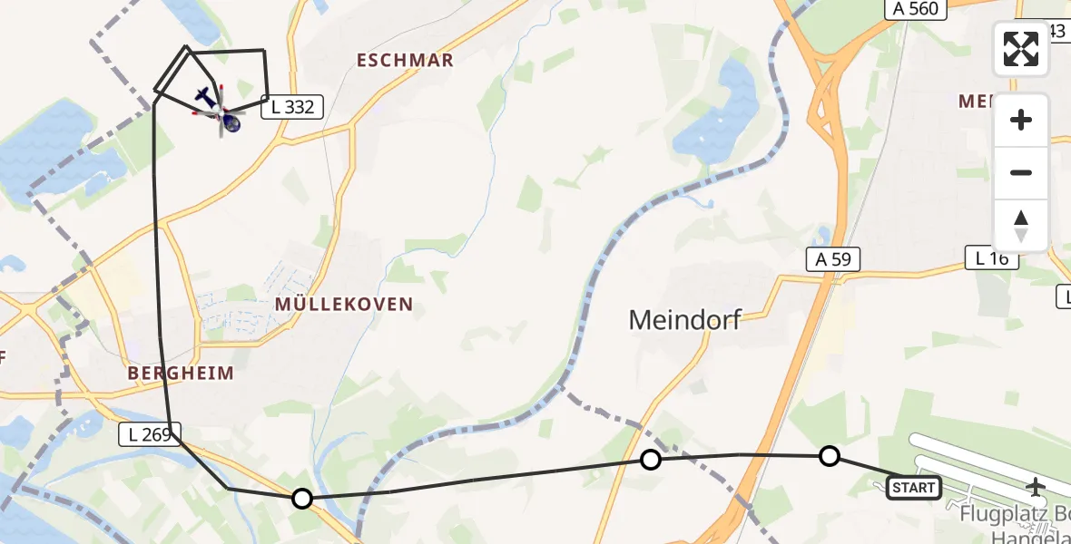Flugroute Polizeihubschrauber Bonn-Hangelar Flugplatz - Troisdorf, 03 Juli 2026, 05:56