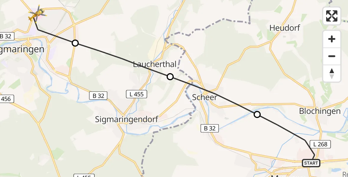 Flugroute Rettungshubschrauber Mengen - Sigmaringen, 03 Juli 2026, 05:59