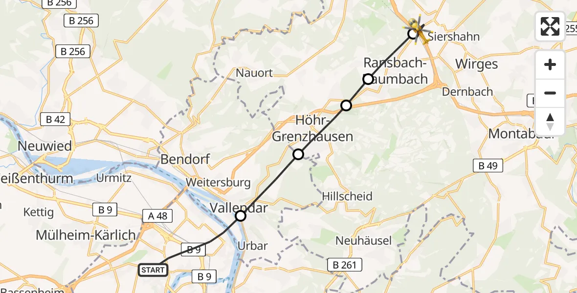Flugroute Rettungshubschrauber Koblenz - Mogendorf, 03 Juli 2026, 06:03