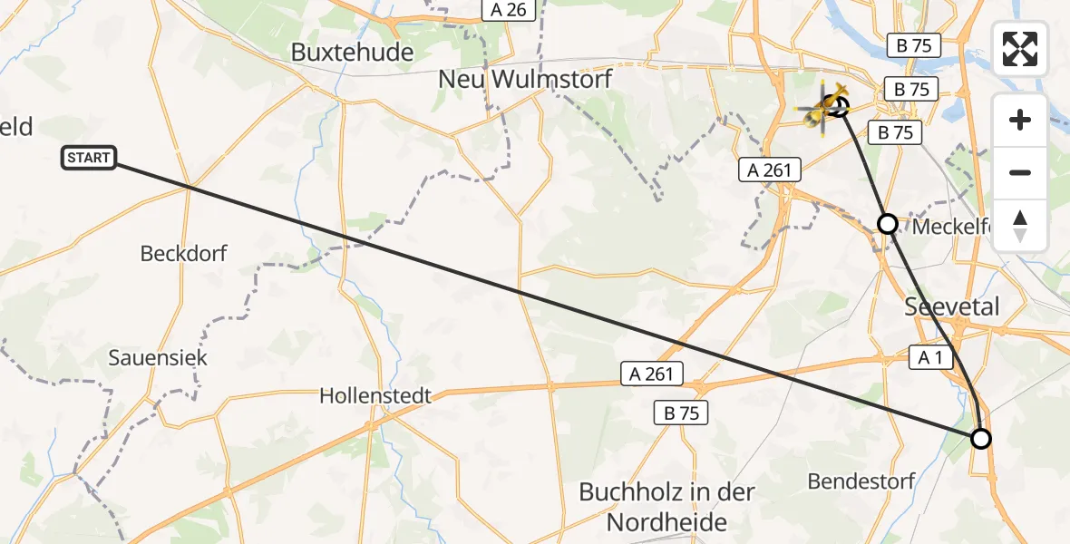 Flugroute Rettungshubschrauber Harsefeld - Asklepios Hospital Harburg, 03 Juli 2026, 06:05