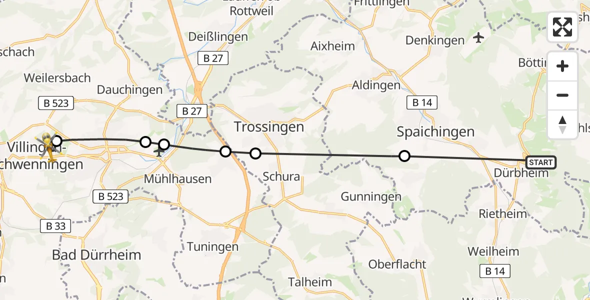 Flugroute Ambulanzhubschrauber Dürbheim - DRF Air Rescue Station Villingen-Schwenningen Hubschrauberlandeplatz (Christoph 11), 03 Juli 2026, 06:09