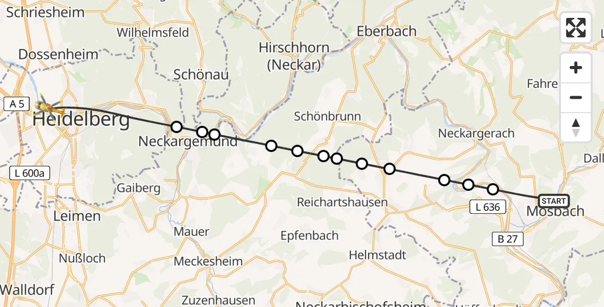 Flugroute Rettungshubschrauber Mosbach - Heidelberg, 03 Juli 2026, 06:12