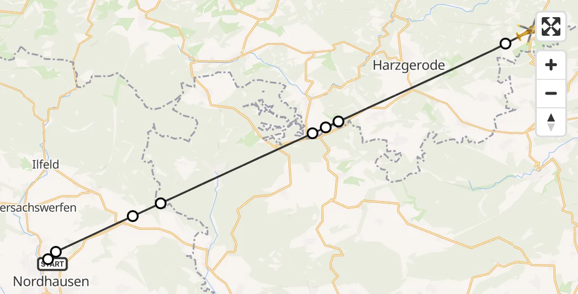 Flugroute Rettungshubschrauber Südharz Hospital Nordhausen - Falkenstein/Harz, 03 Juli 2026, 06:14
