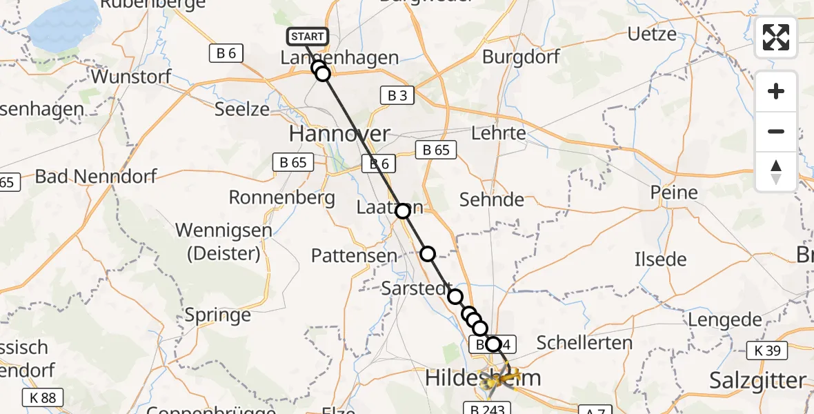 Flugroute Rettungshubschrauber Flughafen Hannover - Hildesheim, 03 Juli 2026, 06:19