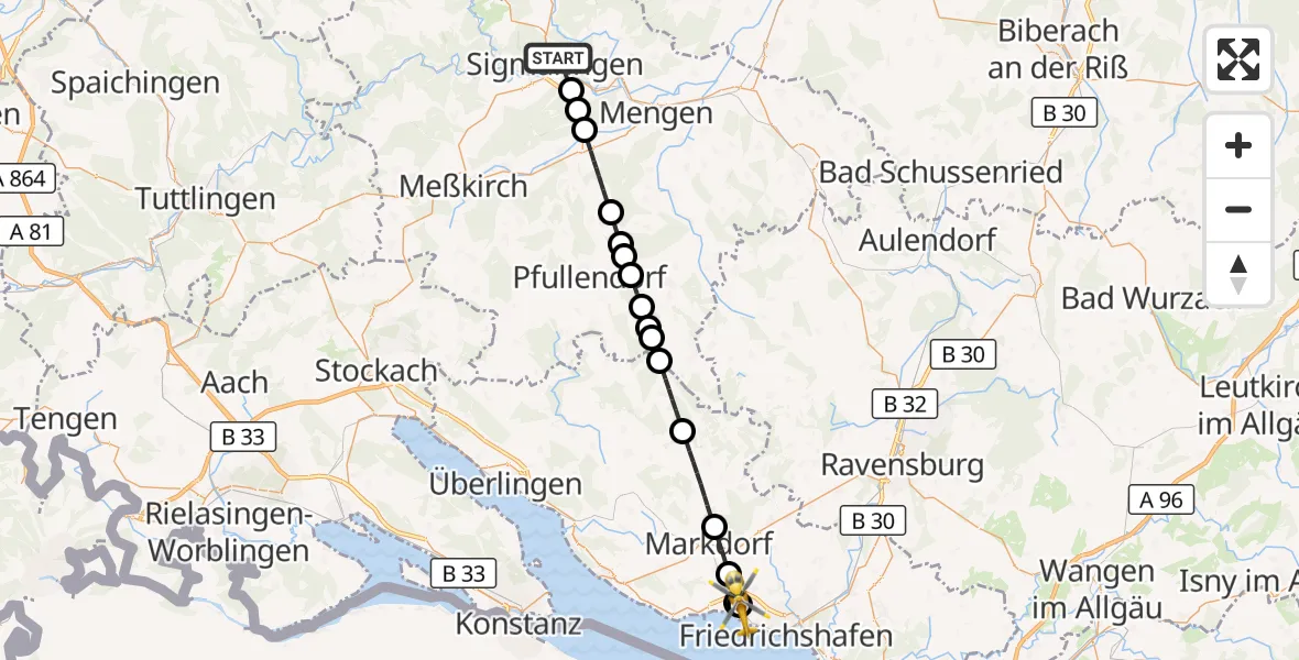 Flugroute Rettungshubschrauber Sigmaringen - Friedrichshafen Hospital, 03 Juli 2026, 06:21