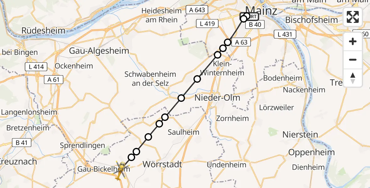 Flugroute Rettungshubschrauber Mainz University Hospital - Wallertheim, 03 Juli 2026, 06:25