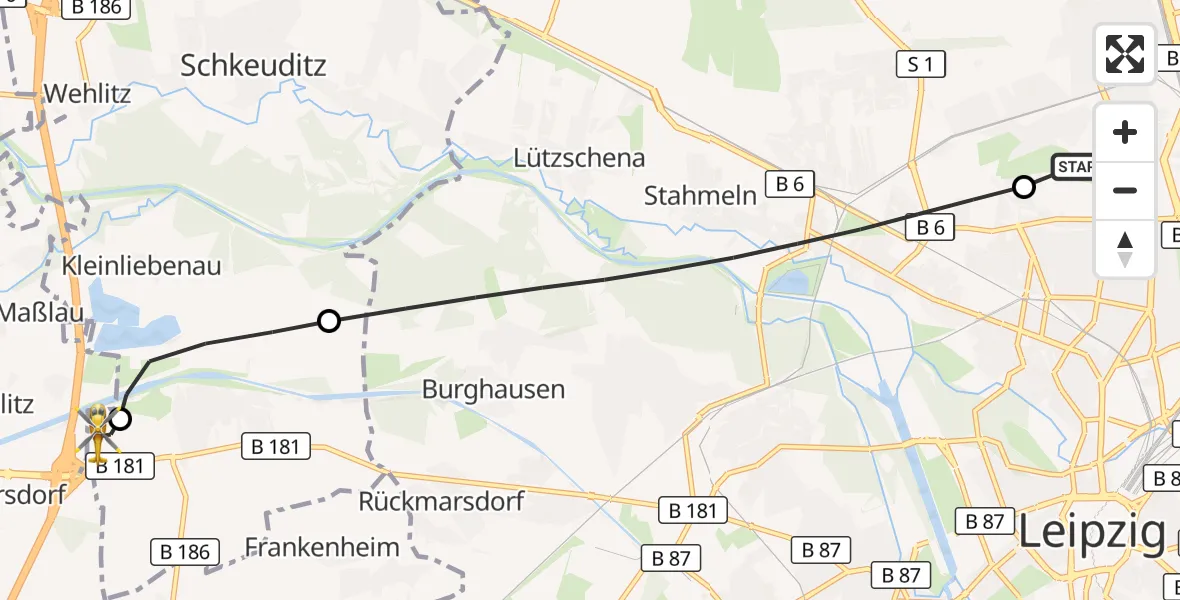 Flugroute Rettungshubschrauber Sankt Georg Hospital Leipzig Reserve - ADAC Air Rescue Station Leipzig/Schkeuditz-Dölzig Hubschrauberlandeplatz (Christoph 61), 03 Juli 2026, 06:28