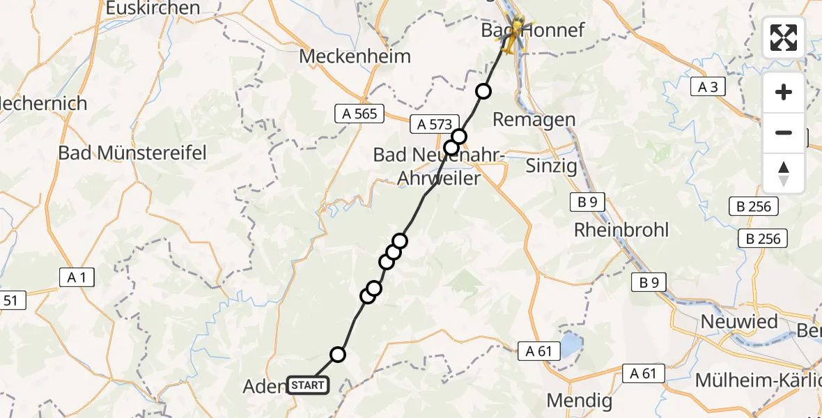 Flugroute Ambulanzhubschrauber Adenau - Remagen, 03 Juli 2026, 06:33