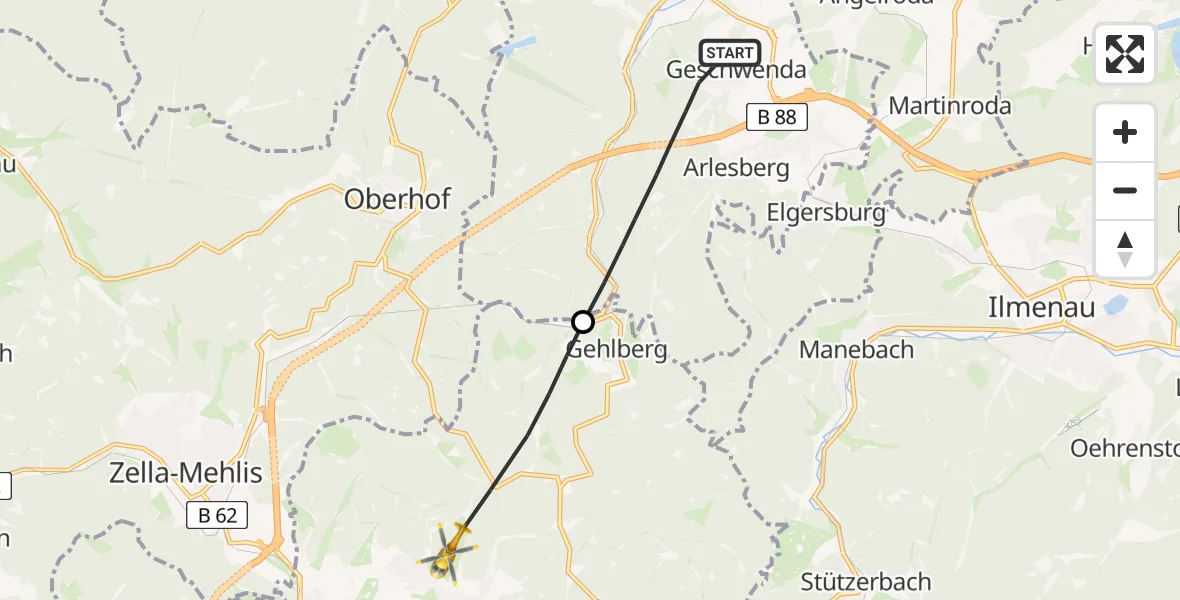 Flugroute Rettungshubschrauber Geratal - Suhl, 03 Juli 2026, 06:36
