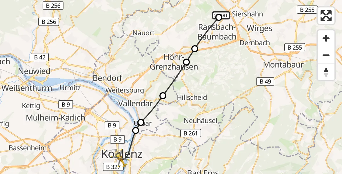 Flugroute Rettungshubschrauber Mogendorf - Koblenz, 03 Juli 2026, 06:37