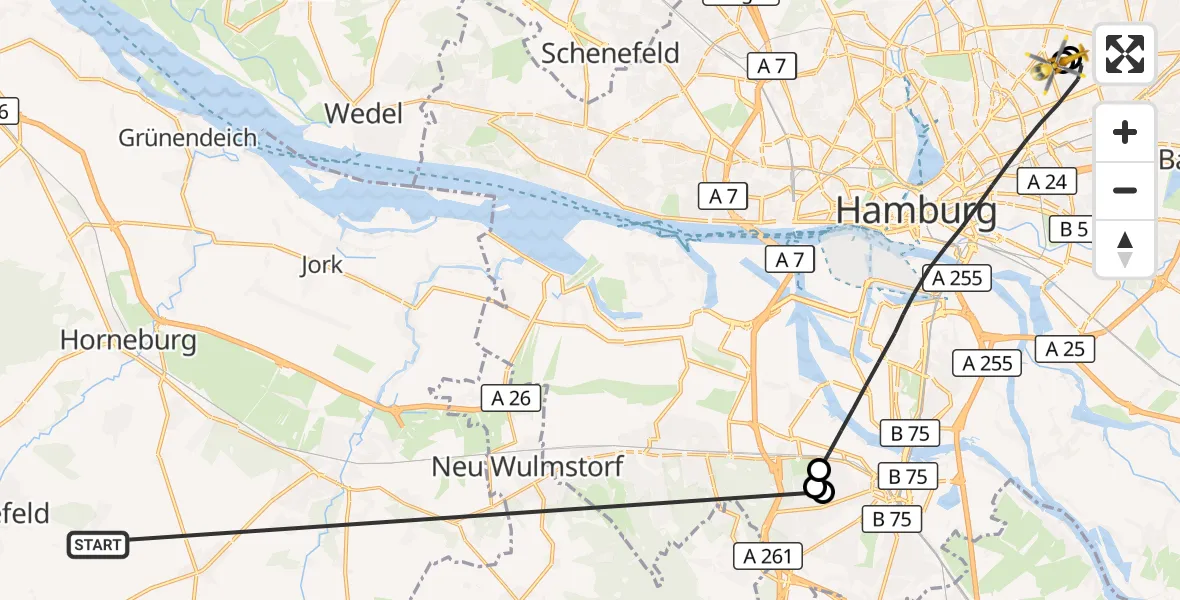 Flugroute Rettungshubschrauber Harsefeld - Hamburg Military Hospital, 03 Juli 2026, 06:44