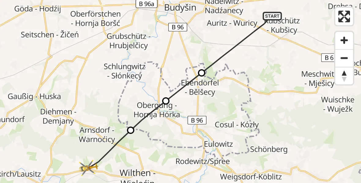 Flugroute Rettungshubschrauber Kubschütz - Wilthen, 03 Juli 2026, 06:46
