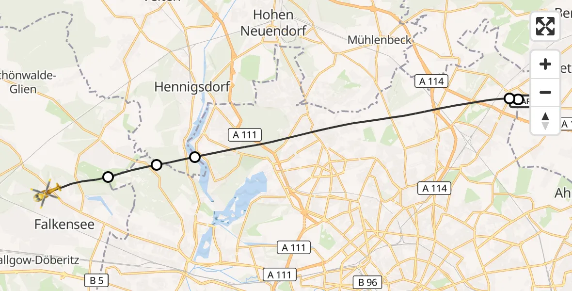Flugroute Rettungshubschrauber Helios Clinic Berlin-Buch - Falkensee, 03 Juli 2026, 06:51